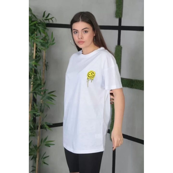 Unisex Bisiklet Yaka Baskılı Oversize T-Shirt - Beyaz