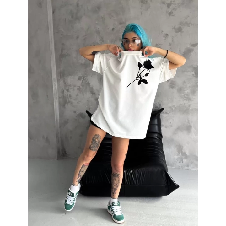 Unisex Bisiklet Yaka Baskılı Oversize T-Shirt - Beyaz