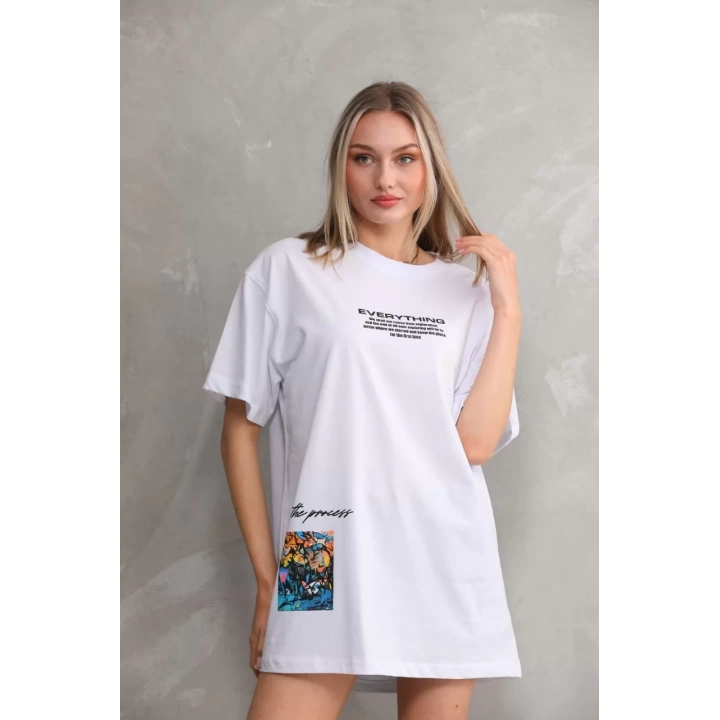 Unisex Bisiklet Yaka Baskılı Oversize T-Shirt - Beyaz