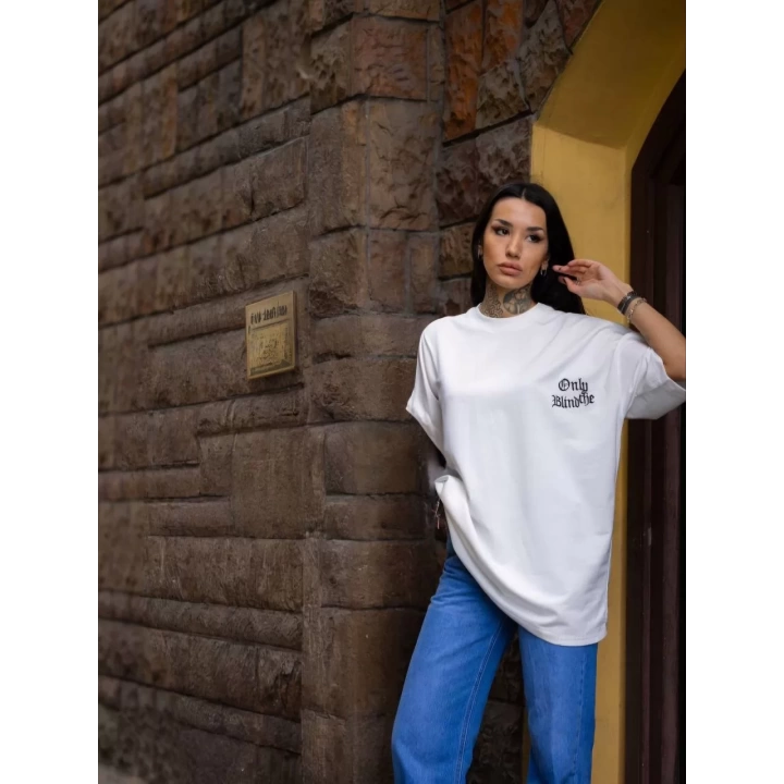 Unisex Bisiklet Yaka Baskılı Oversize T-Shirt - Beyaz