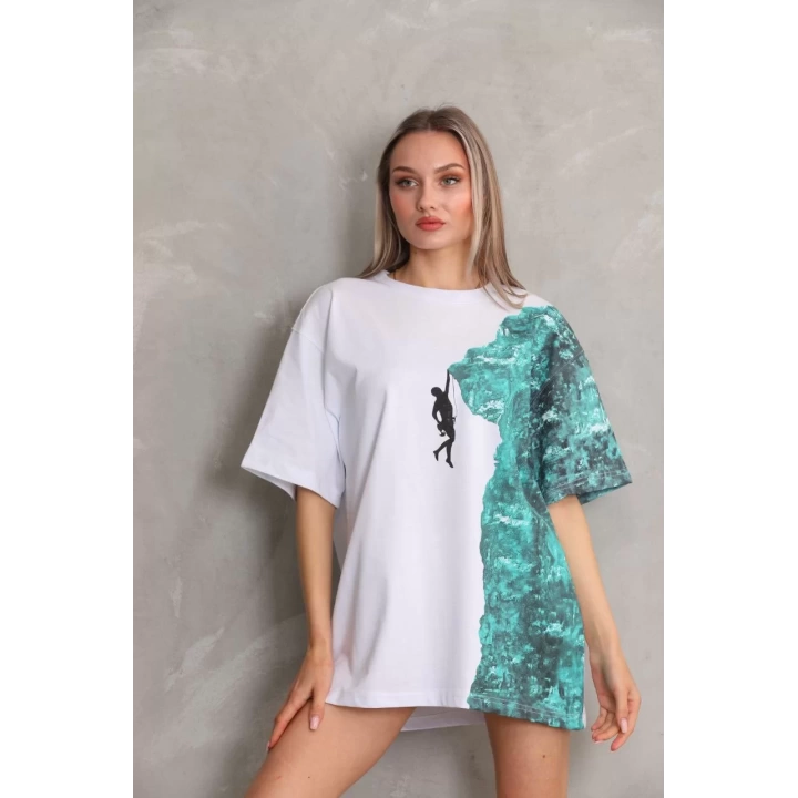 Unisex Bisiklet Yaka Baskılı Oversize T-Shirt - Beyaz