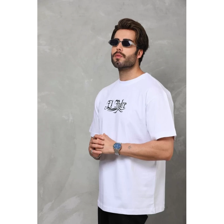 Unisex Bisiklet Yaka Baskılı Oversize T-Shirt - Beyaz