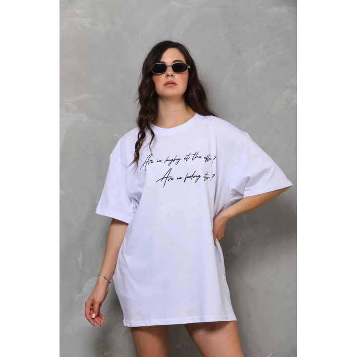 Unisex Bisiklet Yaka Baskılı Oversize T-Shirt - Beyaz