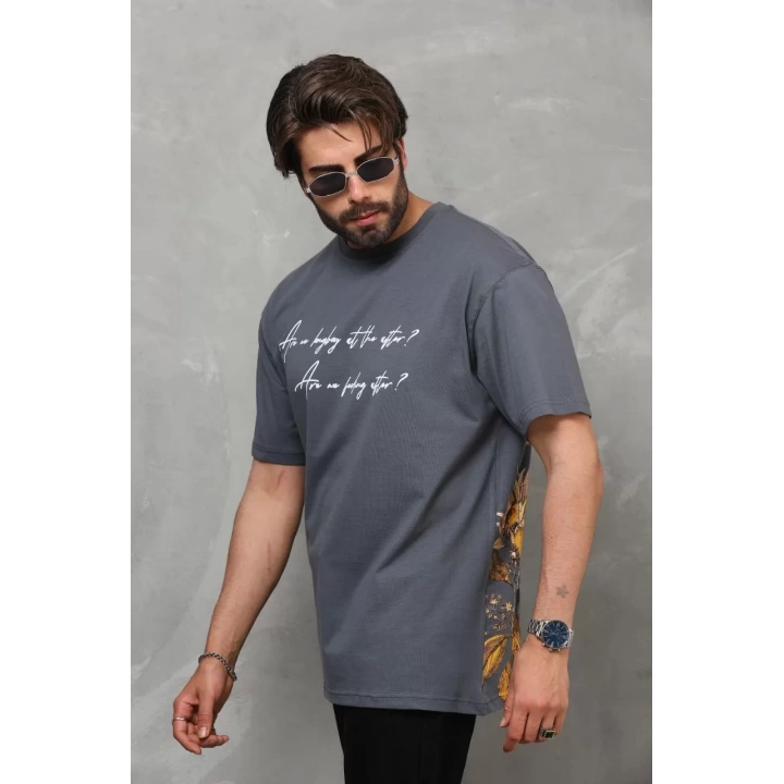 Unisex Bisiklet Yaka Baskılı Oversize T-Shirt - Füme