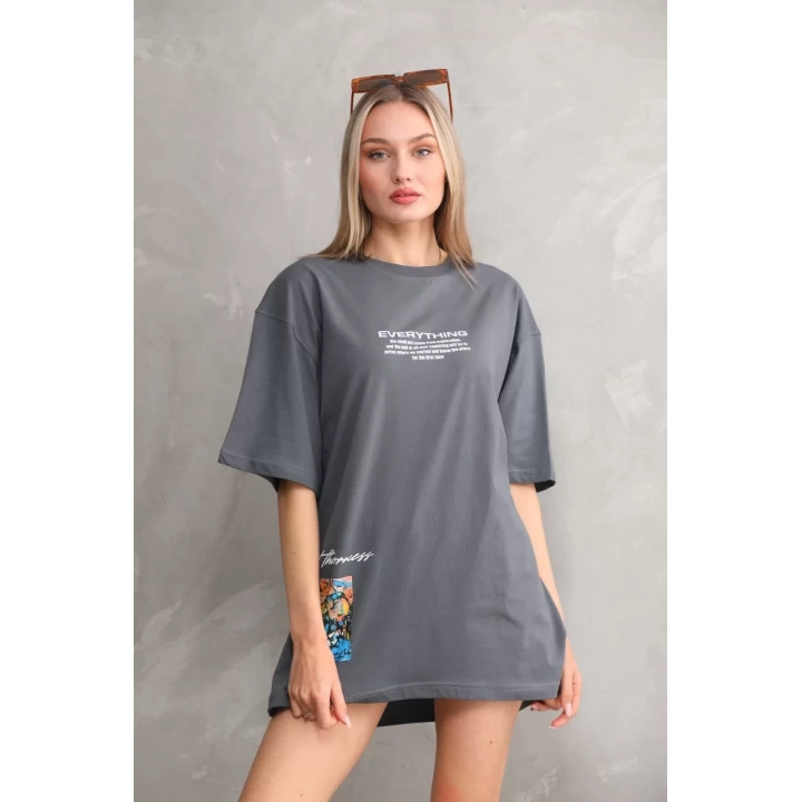 Unisex Bisiklet Yaka Baskılı Oversize T-Shirt - Gri