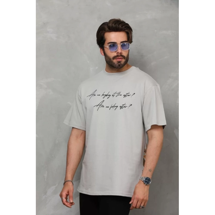 Unisex Bisiklet Yaka Baskılı Oversize T-Shirt - Gri