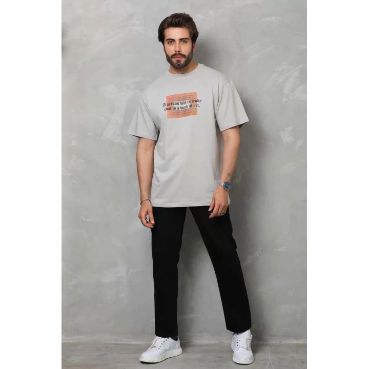 Unisex Bisiklet Yaka Baskılı Oversize T-Shirt - Gri