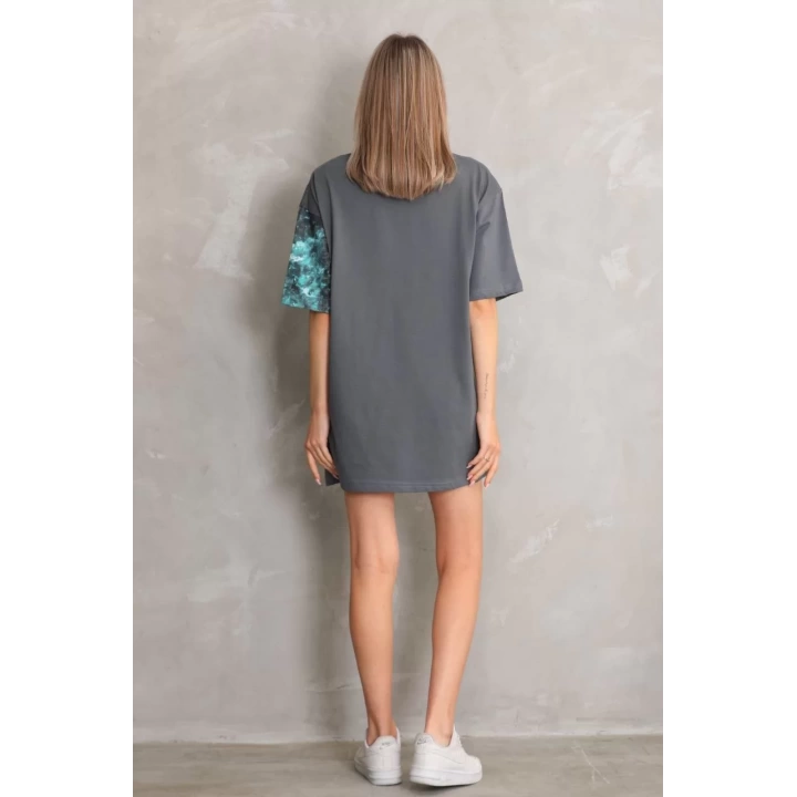 Unisex Bisiklet Yaka Baskılı Oversize T-Shirt - Gri