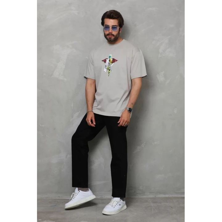 Unisex Bisiklet Yaka Baskılı Oversize T-Shirt - Gri