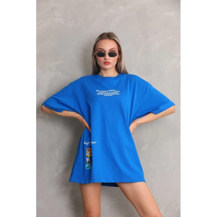 Unisex Bisiklet Yaka Baskılı Oversize T-Shirt - Mavi