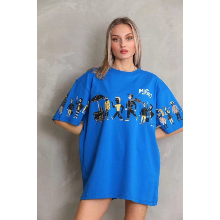 Unisex Bisiklet Yaka Baskılı Oversize T-Shirt - Mavi