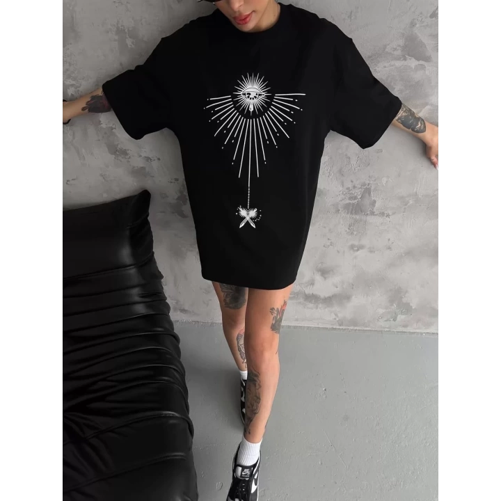 Unisex Bisiklet Yaka Baskılı Oversize T-Shirt - Siyah