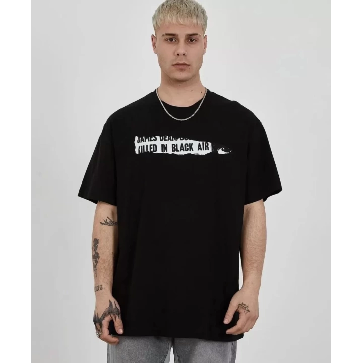 Unisex Bisiklet Yaka Baskılı Oversize T-Shirt - Siyah