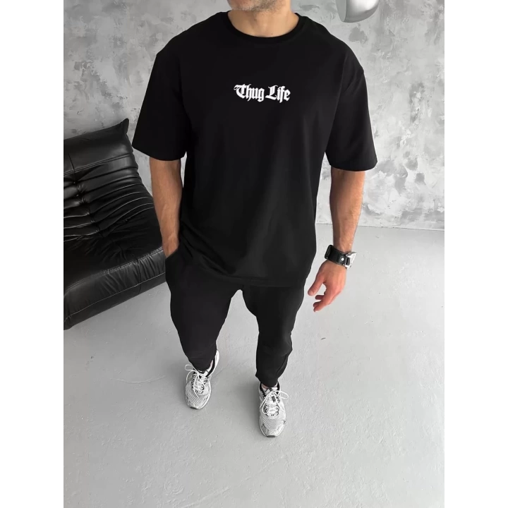 Unisex Bisiklet Yaka Baskılı Oversize T-Shirt - Siyah