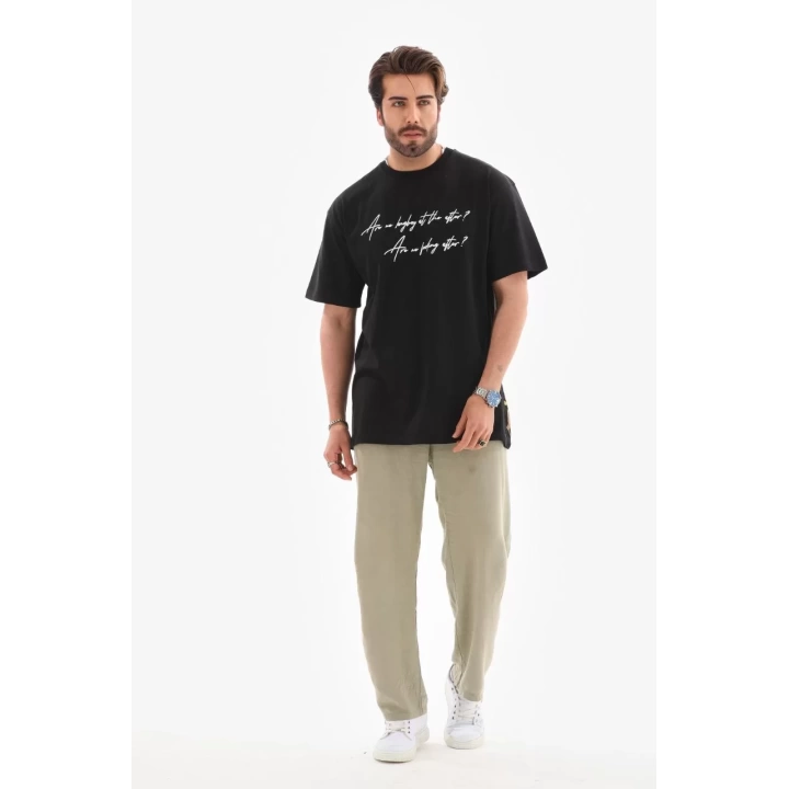 Unisex Bisiklet Yaka Baskılı Oversize T-Shirt - Siyah