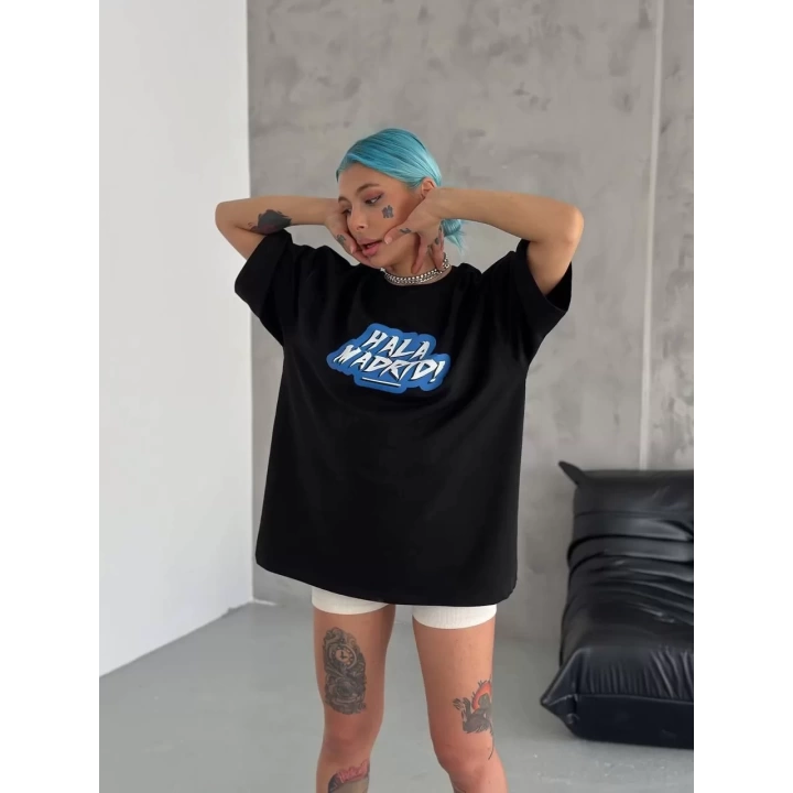 Unisex Bisiklet Yaka Baskılı Oversize T-Shirt - Siyah