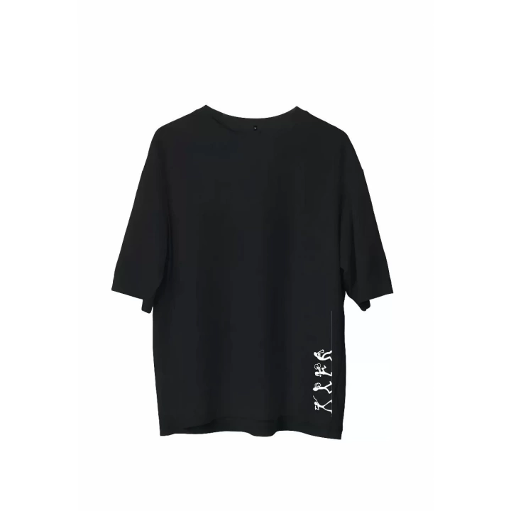 Unisex Bisiklet Yaka Baskılı Oversize T-Shirt - Siyah