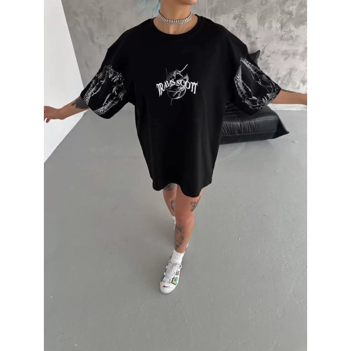 Unisex Bisiklet Yaka Baskılı Oversize T-Shirt - Siyah