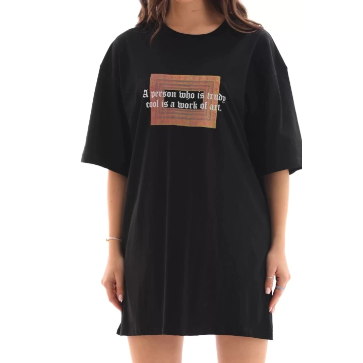 Unisex Bisiklet Yaka Baskılı Oversize T-Shirt - Siyah