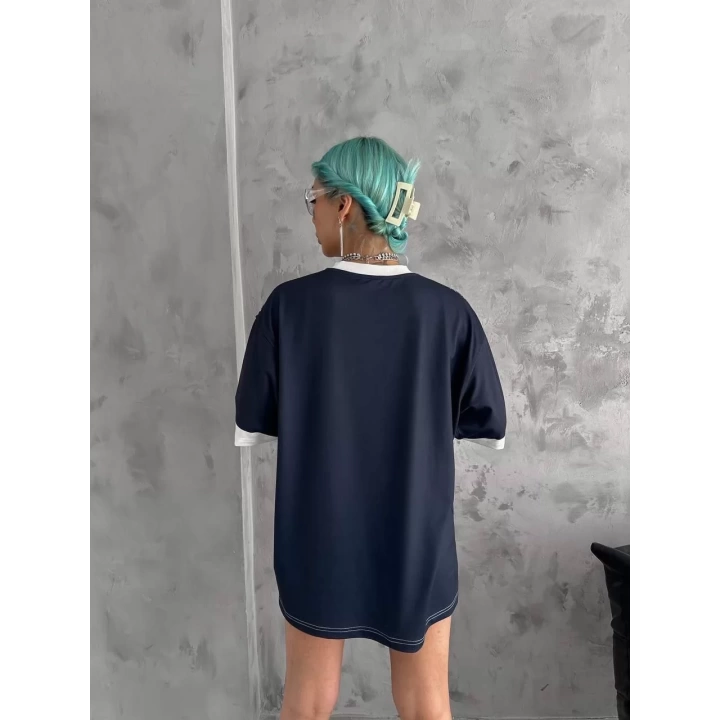 Unisex Bisiklet Yaka Baskılı Oversize T-Shirt - Siyah