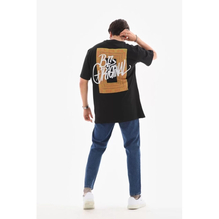 Unisex Bisiklet Yaka Baskılı Oversize T-Shirt - Siyah