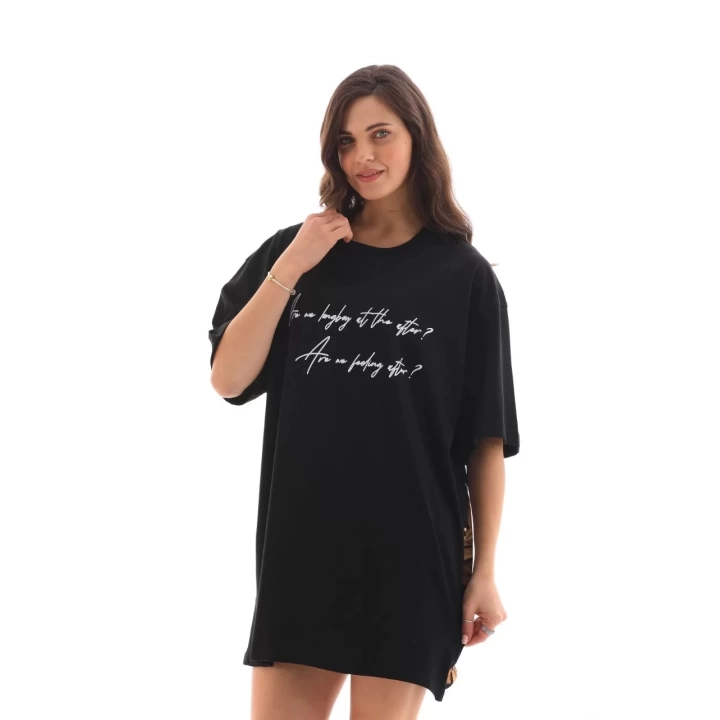 Unisex Bisiklet Yaka Baskılı Oversize T-Shirt - Siyah