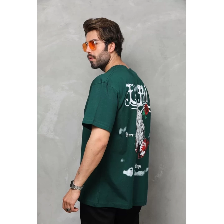 Unisex Bisiklet Yaka Baskılı Oversize T-Shirt - Yeşil