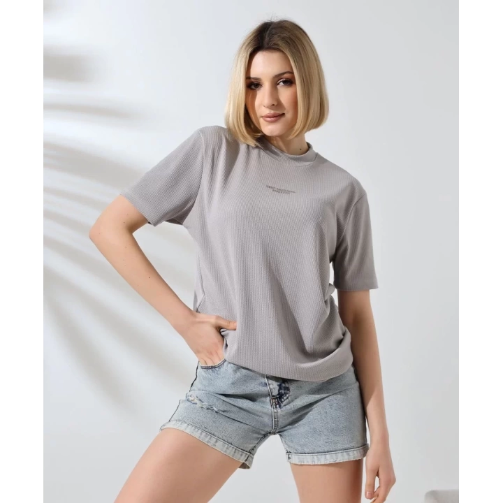 Unisex Bisiklet Yaka Baskılı Slim Fit T-Shirt - Boyalı Gri