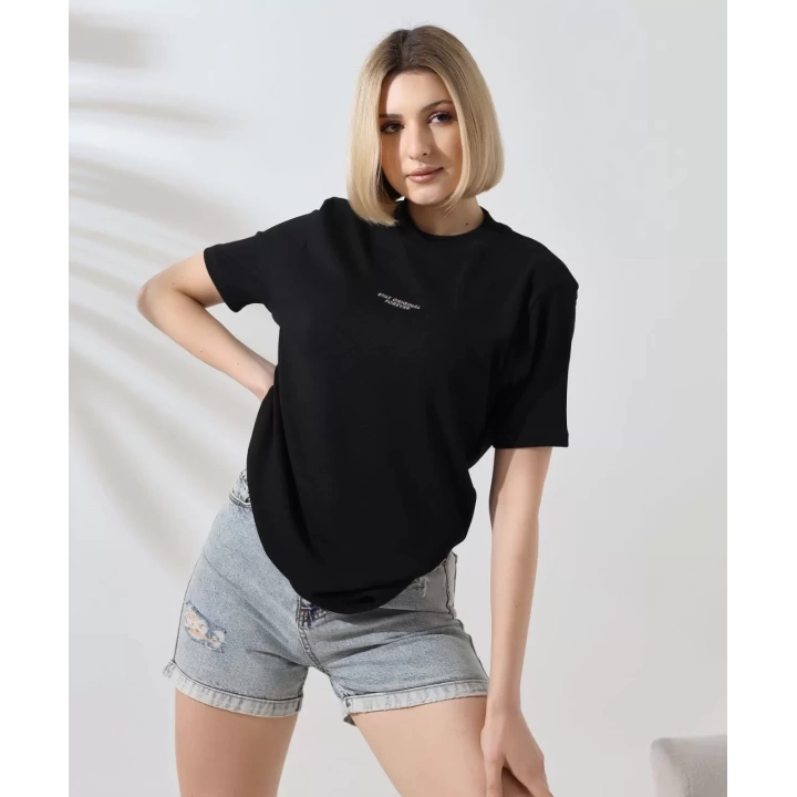 Unisex Bisiklet Yaka Baskılı Slim Fit T-Shirt - Siyah