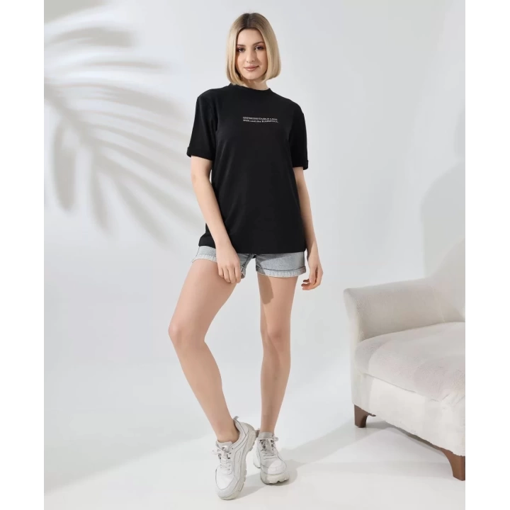 Unisex Bisiklet Yaka Baskılı Slim Fit T-Shirt - Siyah