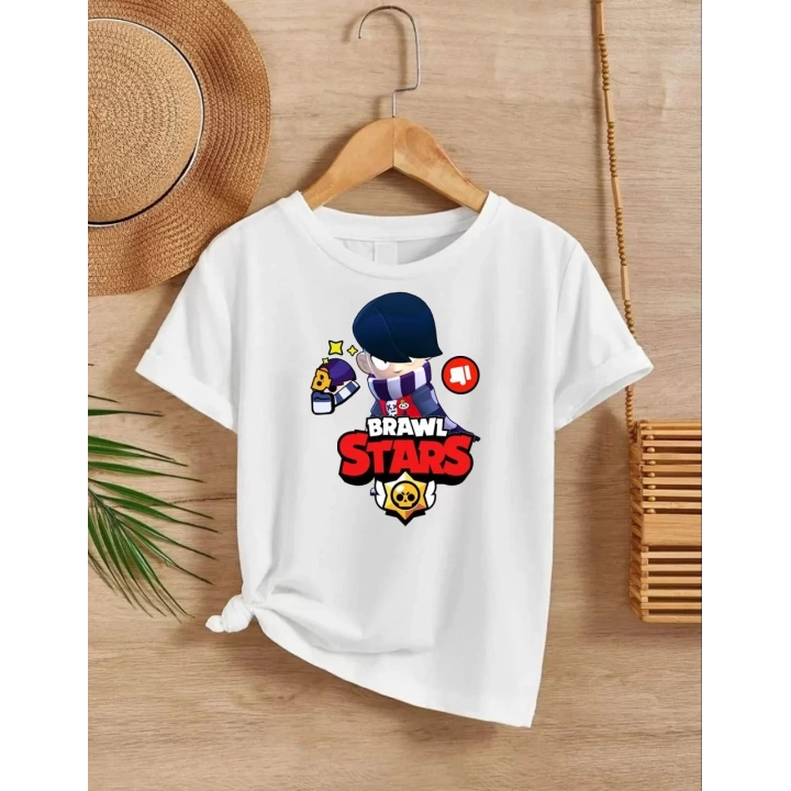 Unisex Bisiklet Yaka Kısa Kol Baskılı Çocuk T-Shirt - Beyaz