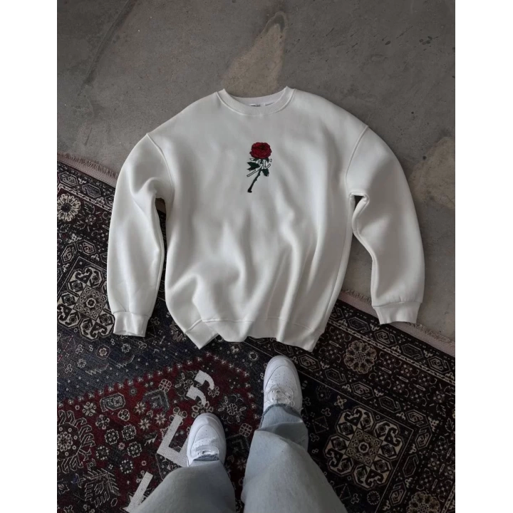 Unisex Bisiklet Yaka Ön Ve Arka Baskılı SweatShirt - Beyaz