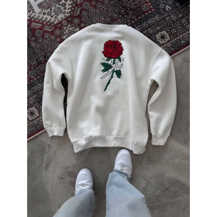 Unisex Bisiklet Yaka Ön Ve Arka Baskılı SweatShirt - Beyaz