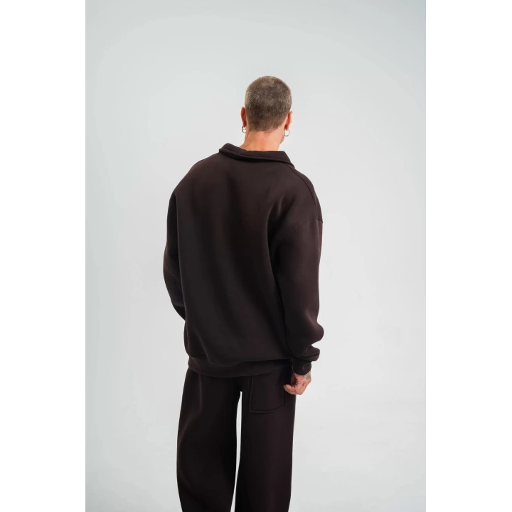 Unisex Double Oversize Patlı Yaka SweatShirt - Kahve