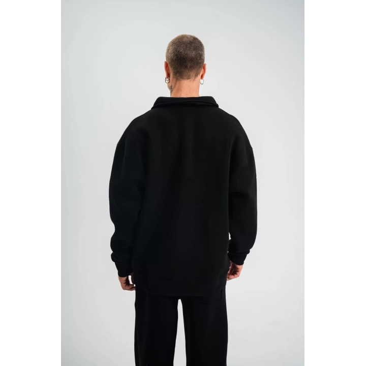 Unisex Double Oversize Patlı Yaka SweatShirt - Siyah