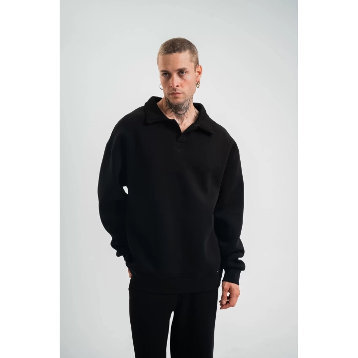 Unisex Double Oversize Patlı Yaka SweatShirt - Siyah