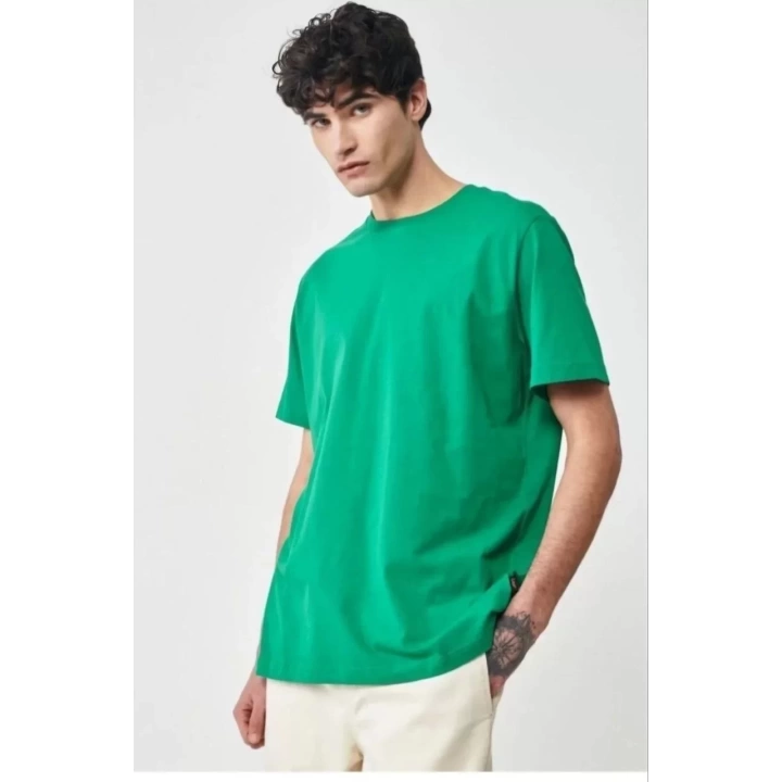 Unisex Düz Biskilet Yaka Oversize T-shirt - Yeşil