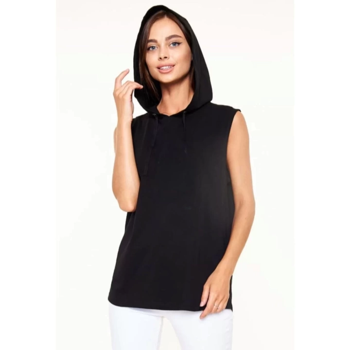 Unisex Kapşonlu Kolsuz Düz Oversize T-shirt - Siyah