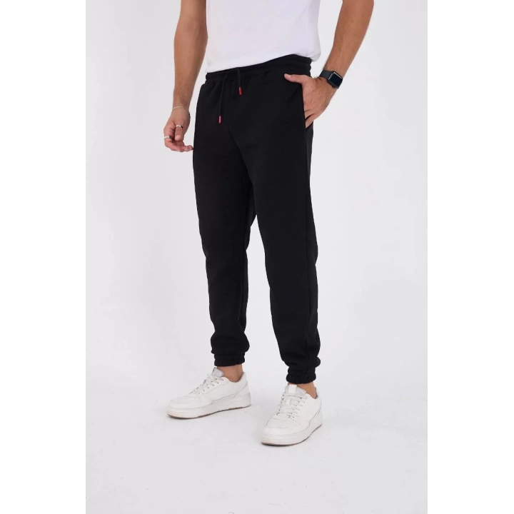 Unisex Kışlık Üç İplik Lastikli Eşofman Pantolon - Siyah