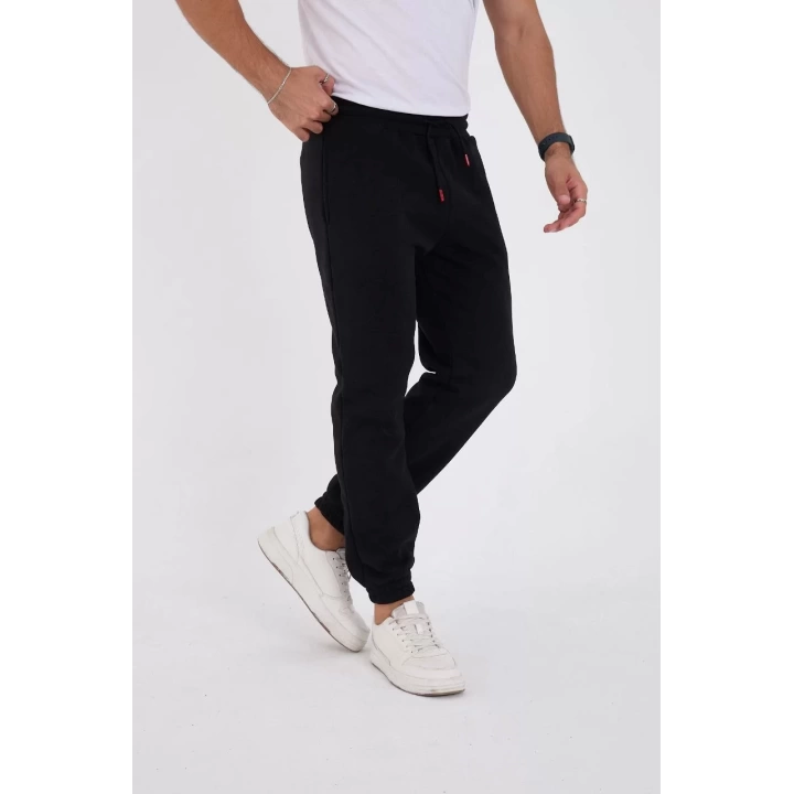 Unisex Kışlık Üç İplik Lastikli Eşofman Pantolon - Siyah