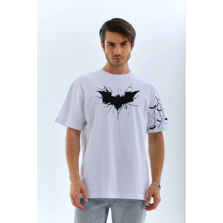 Unisex Ön ve Kol Baskılı Oversize T-shirt - Beyaz