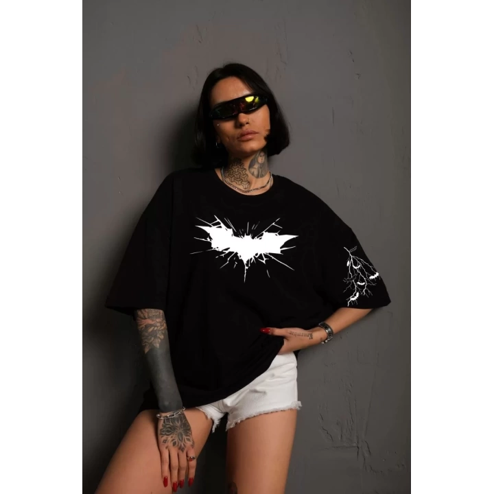 Unisex Ön ve Kol Baskılı Oversize T-shirt - Siyah