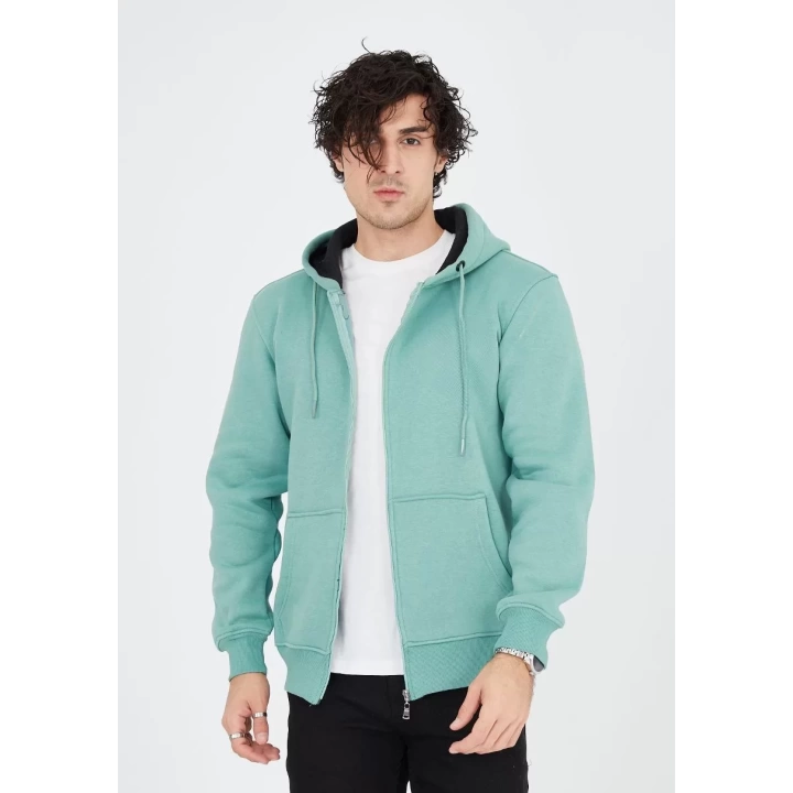 Unisex Tam Fermuarlı Kapşonlu  SweatShirt - Mint Yeşili