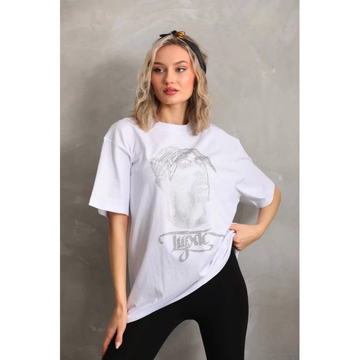 Unisex Taş Desenli Oversize T-Shirt - Beyaz