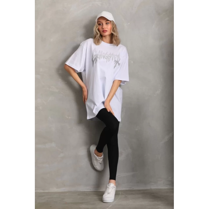 Unisex Taş Desenli Oversize T-Shirt - Beyaz