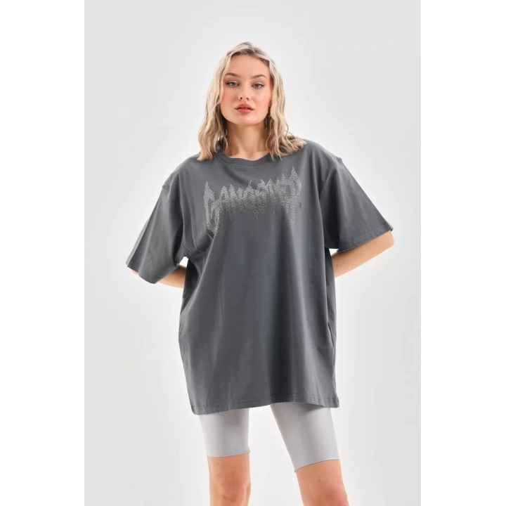 Unisex Taş Desenli Oversize T-Shirt - Füme