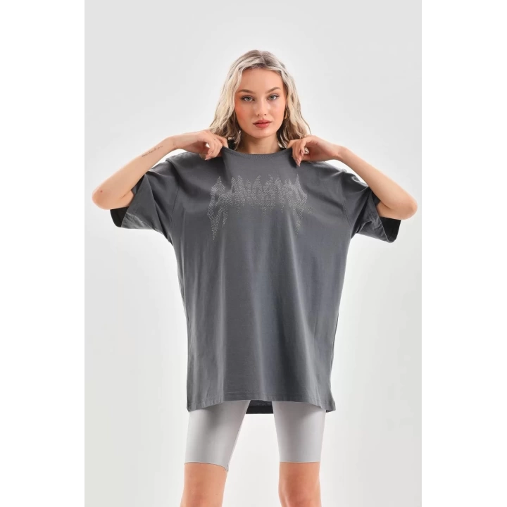 Unisex Taş Desenli Oversize T-Shirt - Füme