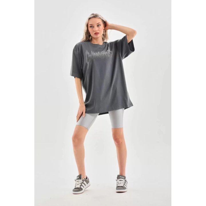 Unisex Taş Desenli Oversize T-Shirt - Füme