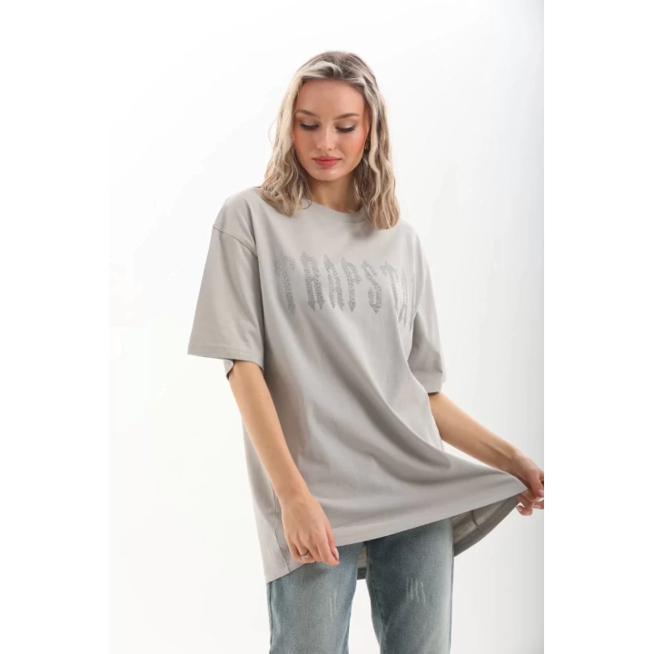 Unisex Taş Desenli Oversize T-Shirt - Gri