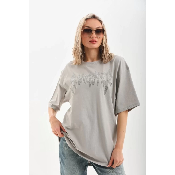 Unisex Taş Desenli Oversize T-Shirt - Gri